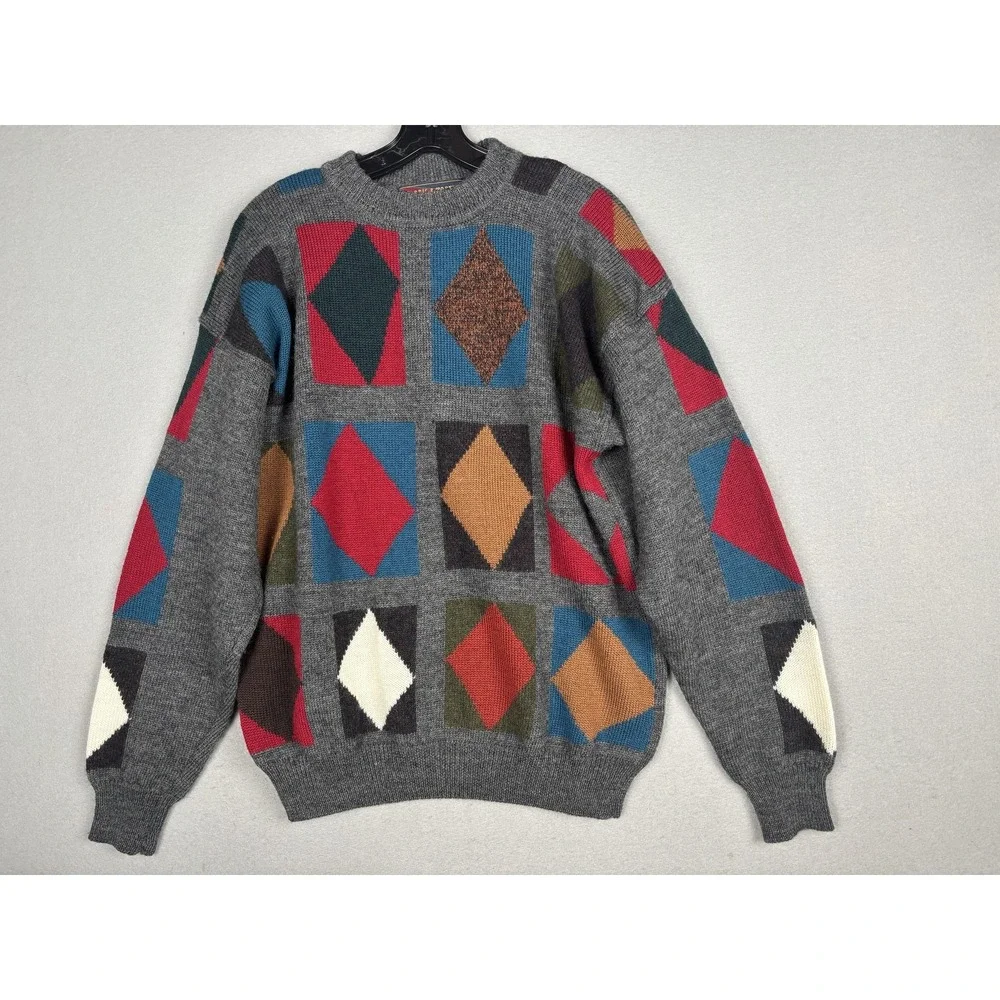 Vintage Morris & Porter Sweater Mens Medium Multicolor Argyle Wool Crewneck 80s